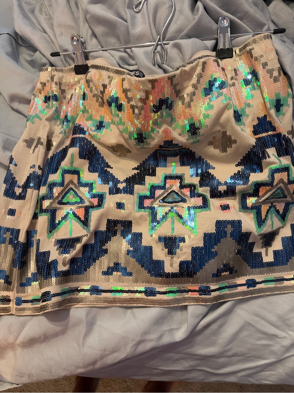 Express Beige Sequin Mini Skirt with Blue & Green Aztec Motif